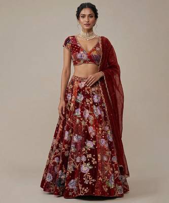 Maroon Embroidered Crepe Lehenga Set 1
