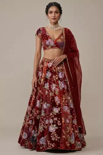 Maroon Embroidered Crepe Lehenga Set