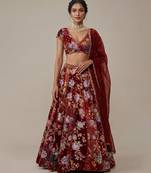 Maroon Embroidered Crepe Lehenga Set