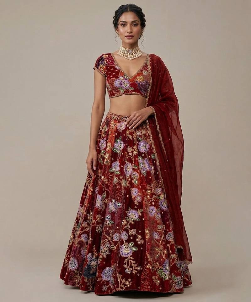 Maroon Embroidered Crepe Lehenga Set