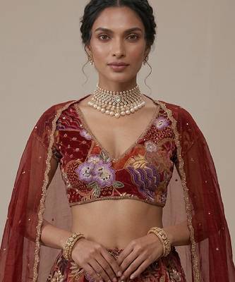 Maroon Embroidered Crepe Lehenga Set 2