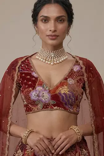 Maroon Embroidered Crepe Lehenga Set