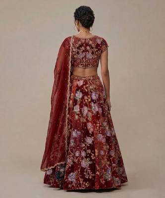 Maroon Embroidered Crepe Lehenga Set 3