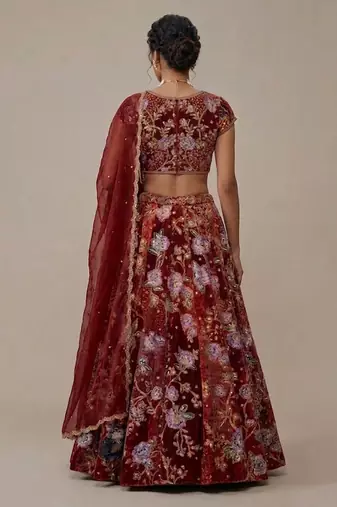 Maroon Embroidered Crepe Lehenga Set