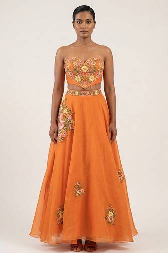 Tangerine Orange Embroidered Raw Silk Lehenga Set