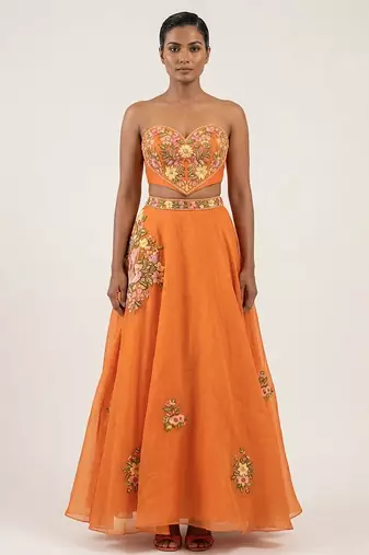 Tangerine Orange Embroidered Raw Silk Lehenga Set