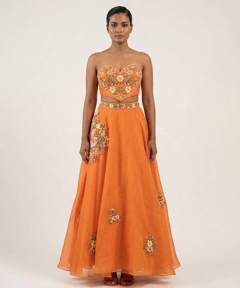 Tangerine Orange Embroidered Raw Silk Lehenga Set