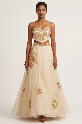 Ivory Embroidered Raw Silk Lehenga Set