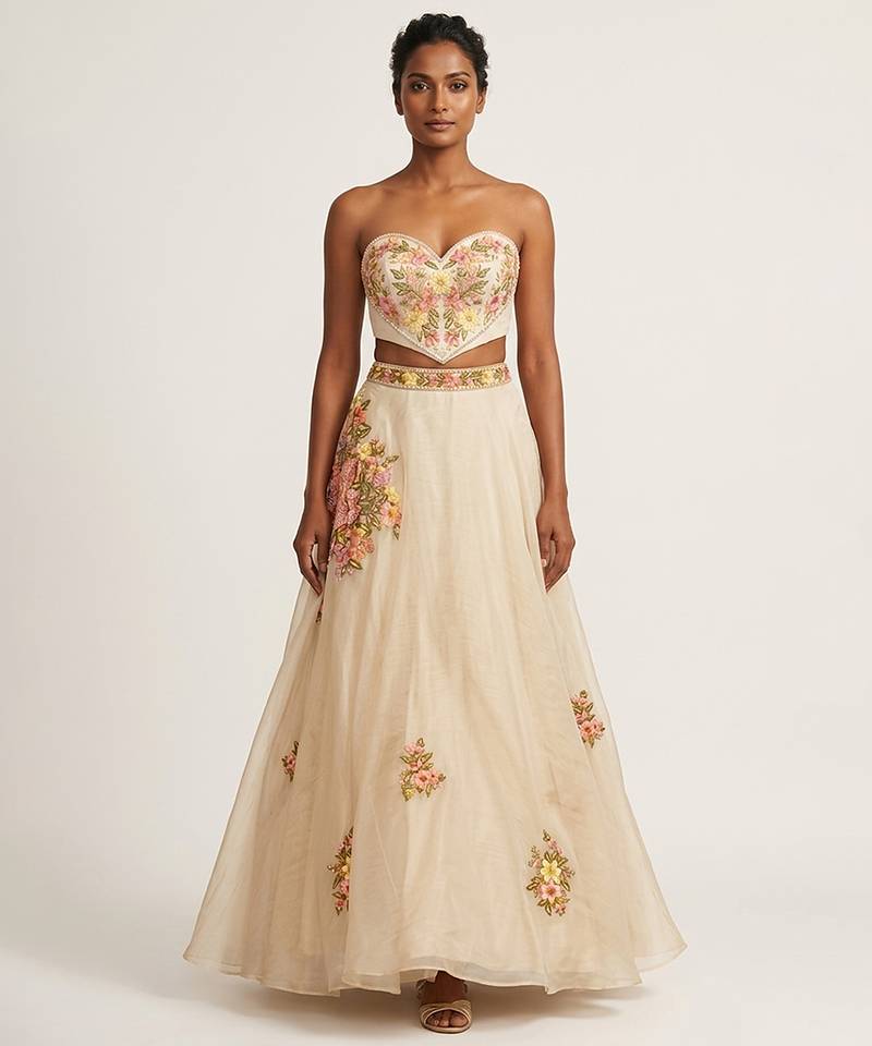 Ivory Embroidered Raw Silk Lehenga Set