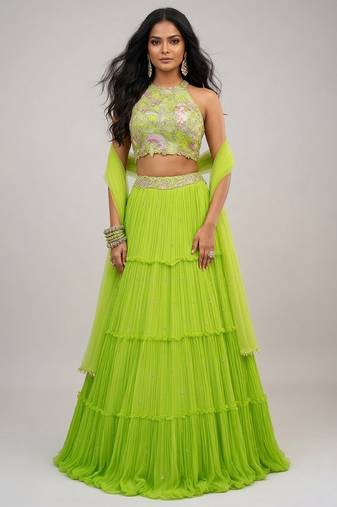 Lime Green Embroidered Georgette Lehenga Set