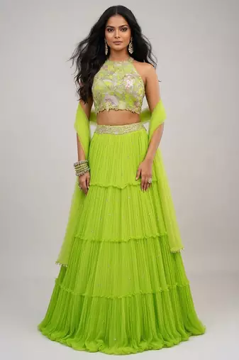 Lime Green Embroidered Georgette Lehenga Set