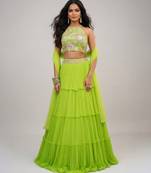 Lime Green Embroidered Georgette Lehenga Set