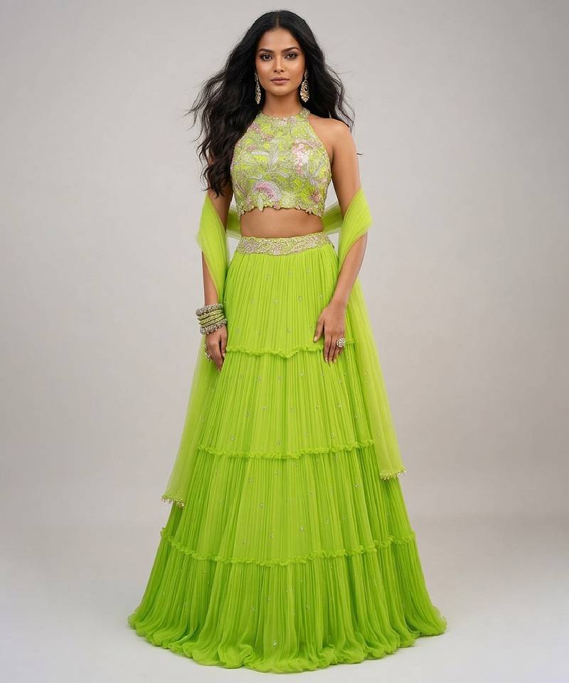 Lime Green Embroidered Georgette Lehenga Set