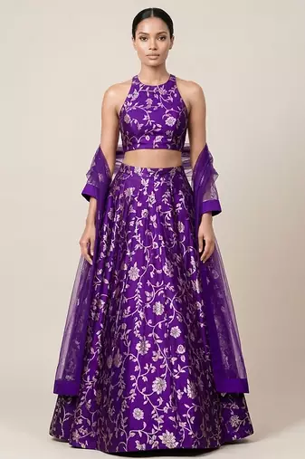 Purple Embroidered Silk Lehenga Set