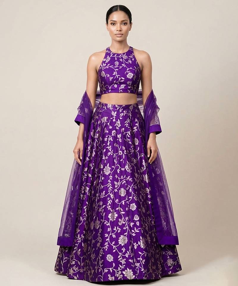 Purple Embroidered Silk Lehenga Set