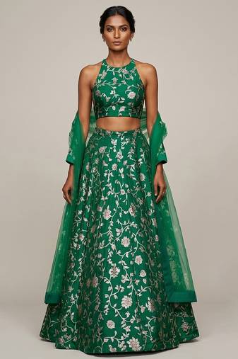 Emerald Green Embroidered Silk Lehenga Set