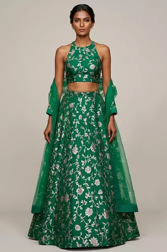 Emerald Green Embroidered Silk Lehenga Set