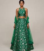 Emerald Green Embroidered Silk Lehenga Set