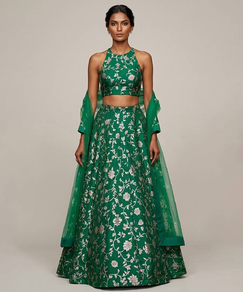 Emerald Green Embroidered Silk Lehenga Set