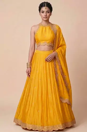 Mustard Yellow Embroidered Silk Lehenga Set