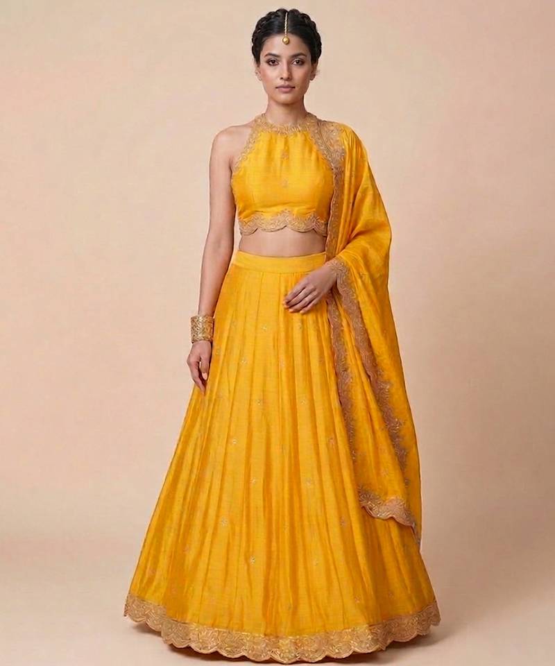 Mustard Yellow Embroidered Silk Lehenga Set