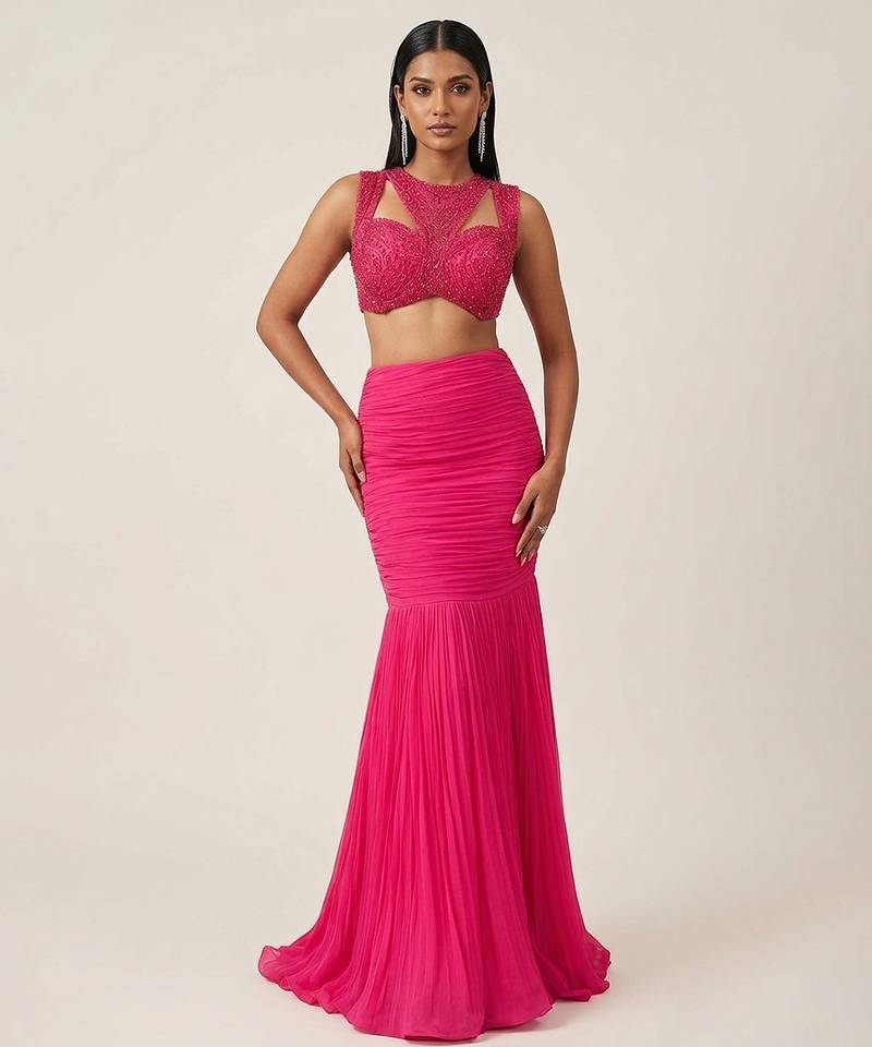 Hot Pink Georgette Indo Western Lehenga Set