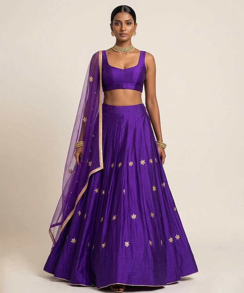 Purple Embroidered Silk Lehenga Set