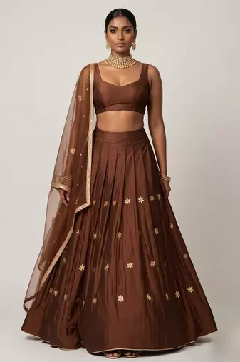 Brown Embroidered Silk Lehenga Set