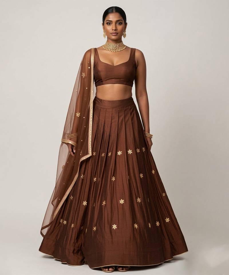 Brown Embroidered Silk Lehenga Set