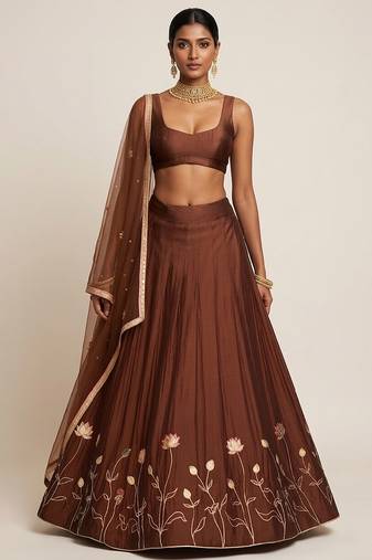 Brown Embroidered Silk Lehenga Set