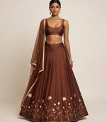 Brown Embroidered Silk Lehenga Set