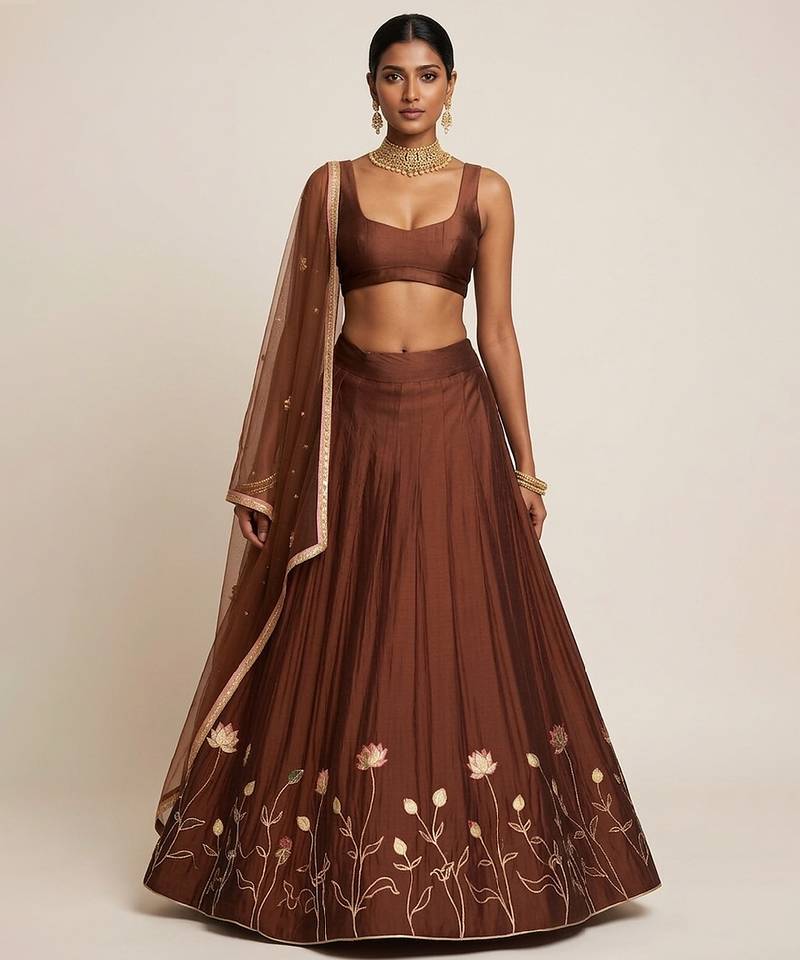 Brown Embroidered Silk Lehenga Set
