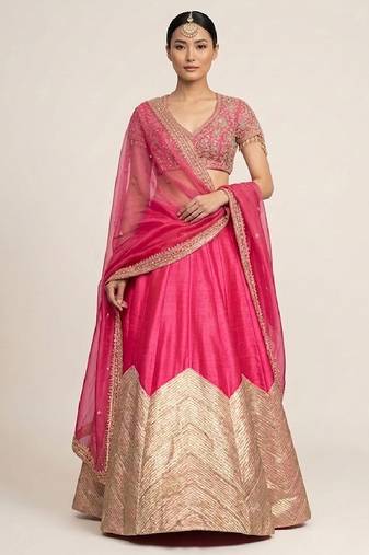 Hot Pink Embroidered Silk Lehenga Set