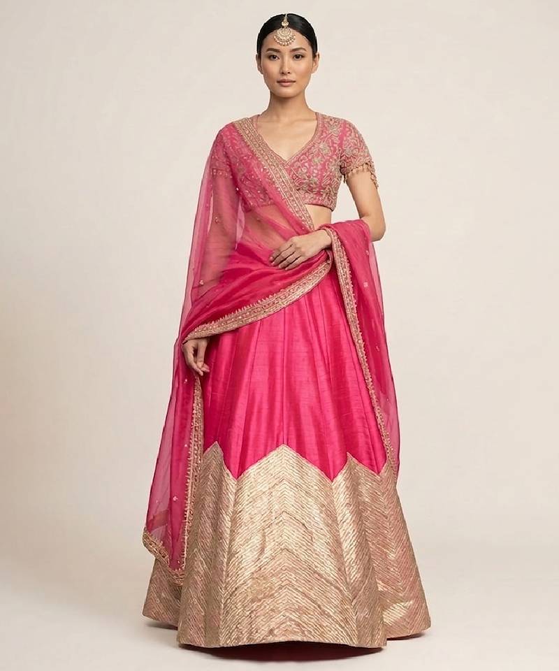 Hot Pink Embroidered Silk Lehenga Set
