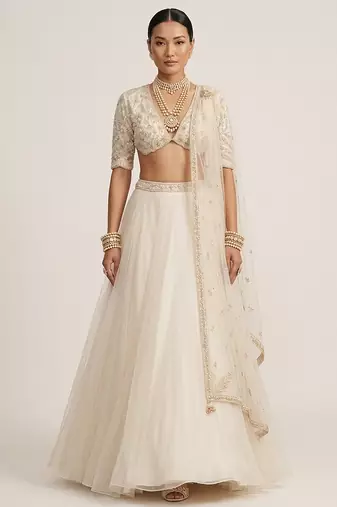 Ivory Embroidered Organza Lehenga Set