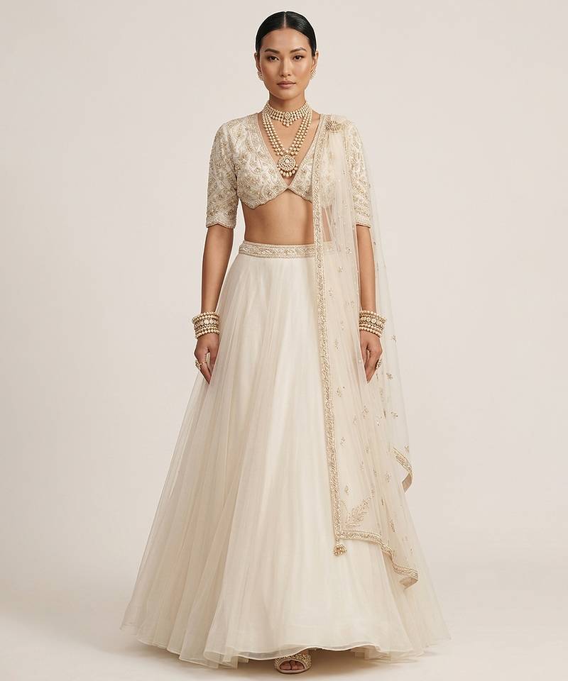 Ivory Embroidered Organza Lehenga Set