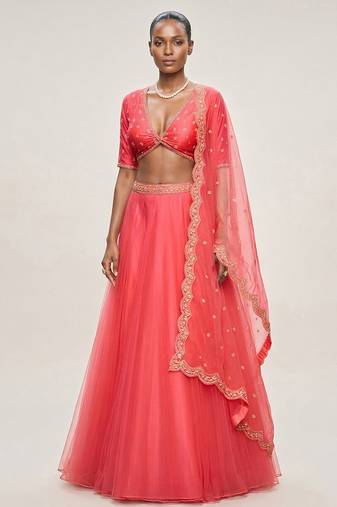 Coral Pink Embroidered Organza Lehenga Set