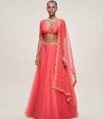 Coral Pink Embroidered Organza Lehenga Set