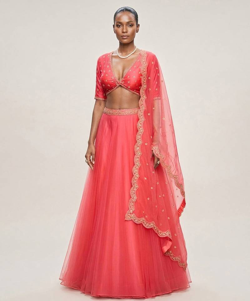 Coral Pink Embroidered Organza Lehenga Set