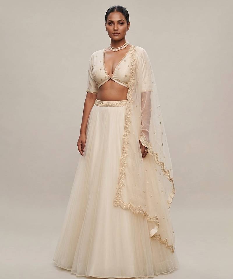 Ivory Embroidered Organza Lehenga Set