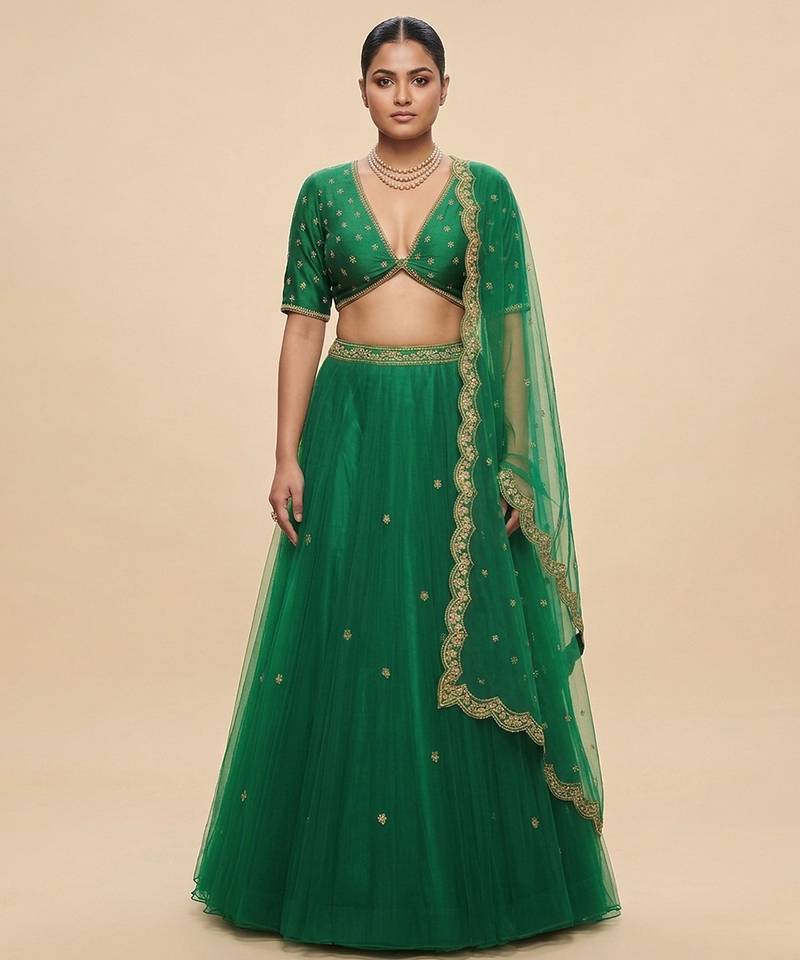 Green Embroidered Organza Lehenga Set