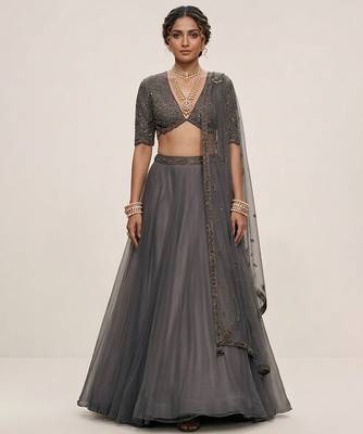 Grey Embroidered Organza Lehenga Set 1