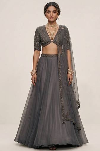 Grey Embroidered Organza Lehenga Set