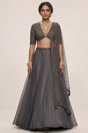 Grey Embroidered Organza Lehenga Set