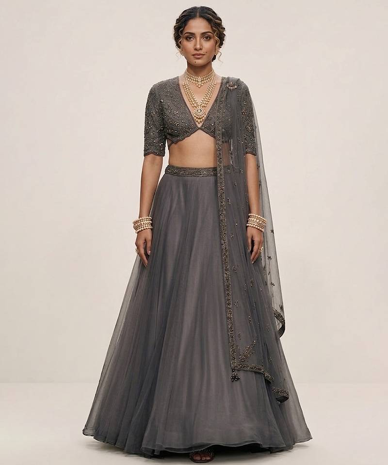 Grey Embroidered Organza Lehenga Set