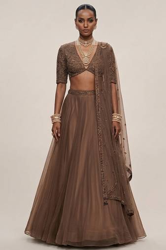 Chocolate Brown Embroidered Organza Lehenga Set
