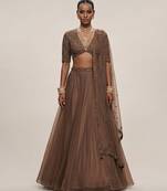 Chocolate Brown Embroidered Organza Lehenga Set