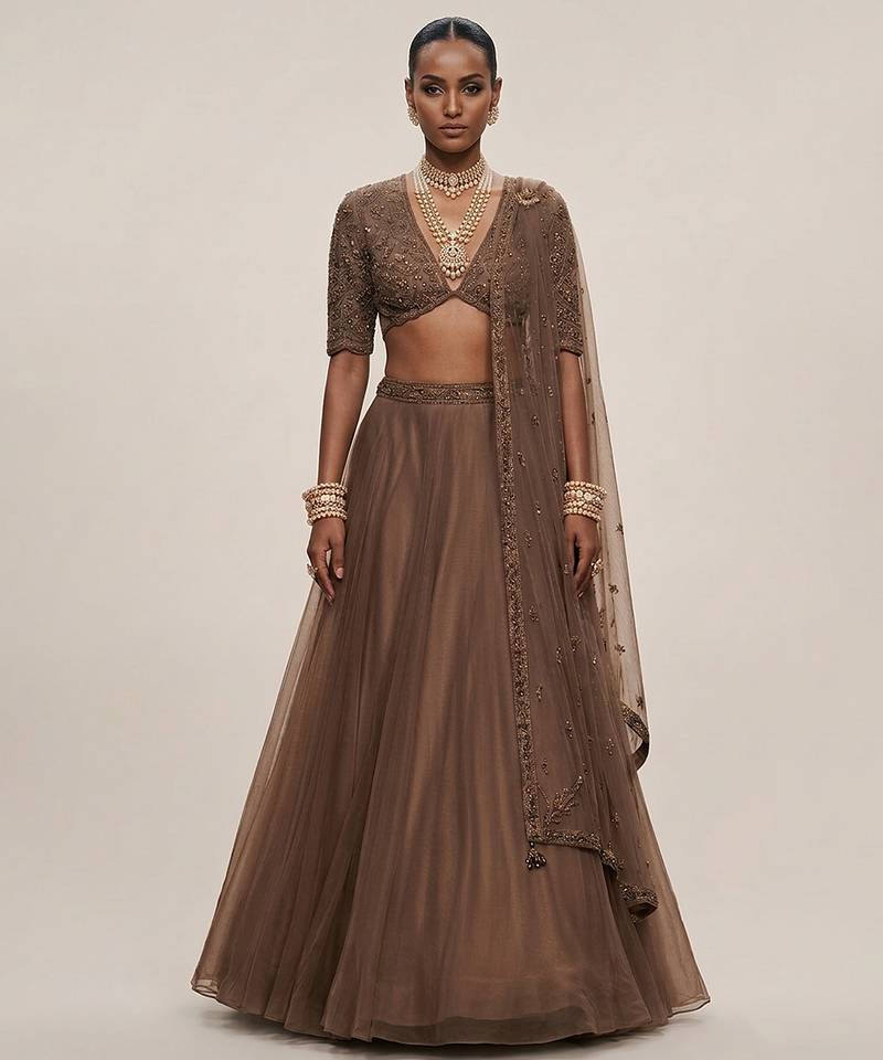 Chocolate Brown Embroidered Organza Lehenga Set