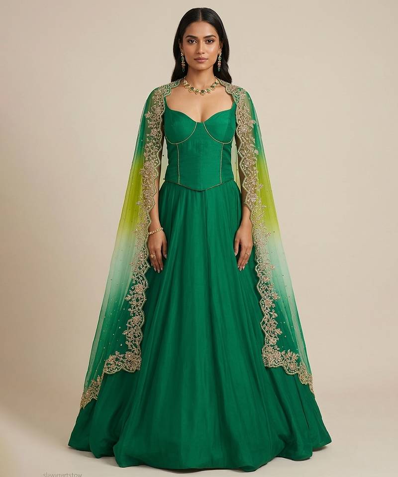 Emerald Green Silk Lehenga Set