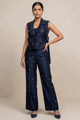 Navy blue block print raw silk co ord set